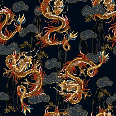 Çin geleneksel ejderha ile dikişsiz desen. Vektör.
