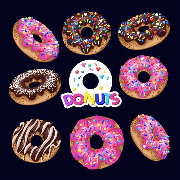 Set of donuts with pink and chocolate glazes. Vector. — Stock Vector