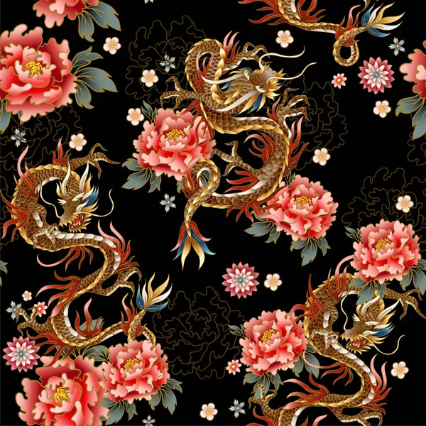 Seamless pattern with Chinese traditional dragon, peonies and sakura. vector. — Stock Vector