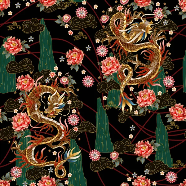 중국 전통 용, 모란, 사쿠라와 원활한 패턴. 벡터. — 스톡 벡터