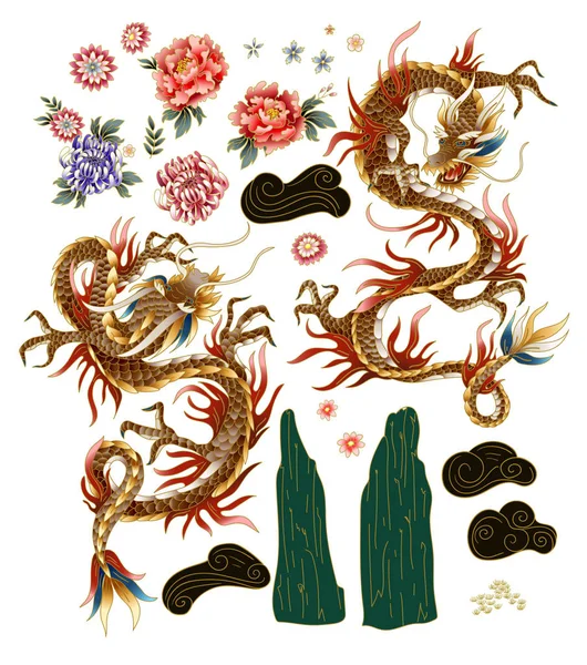 Çin geleneksel ejderha, şakayık ve sakura seti. Vektör.