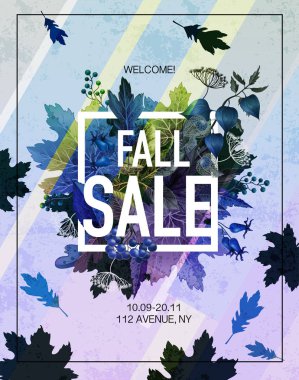 Yaprak ve çilek ile Poster sonbahar satış. Vektör.