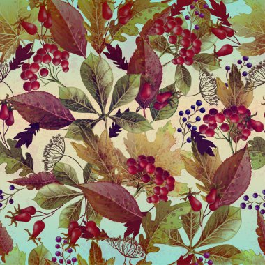 Sonbahar yaprakları ve çilek ile Vintage seaamless desen.