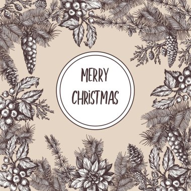 Noel posteri ya da kartpostalda çam ağacı resmi var..