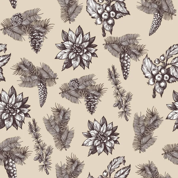 Seamless Christmas pattern with pine, holly berry in graphic style. Stock Illustration