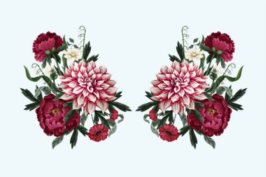 Yıldız çiçekli buketler, şakayıklar ve kır çiçekleri. Vektör.