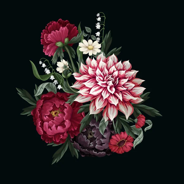 Buketter med dahlia, pioner och vilda blommor. Vektor. — Stock vektor