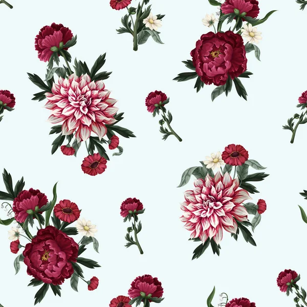 Modello senza cuciture con dalia, peonie e fiori selvatici. Vettore . — Vettoriale Stock