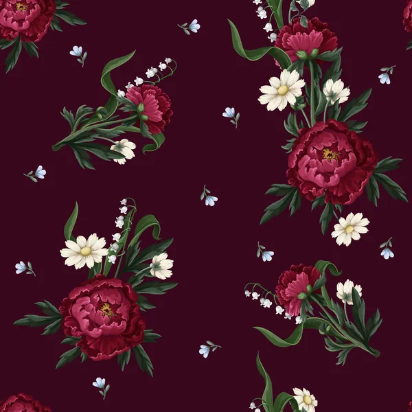 Seamless pattern with burgundy peonies. Vector. — Stock Vector