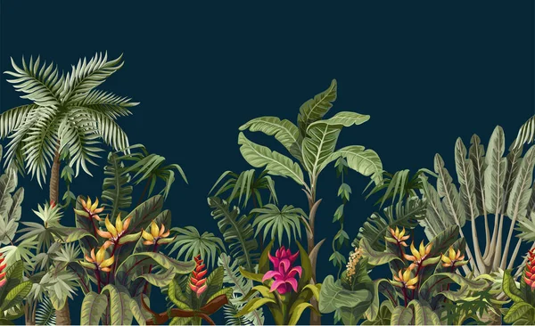 Bordure sans couture avec des arbres et des fleurs de la jungle. Vecteur . — Image vectorielle