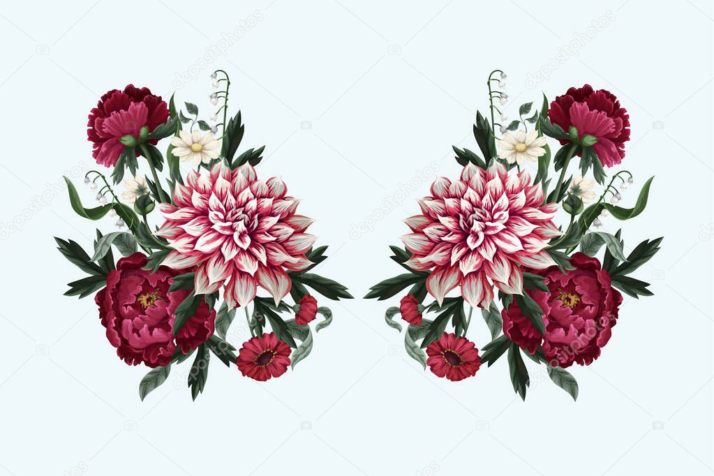 Bouquets with dahlia, peonies and wild flowers. Vector.
