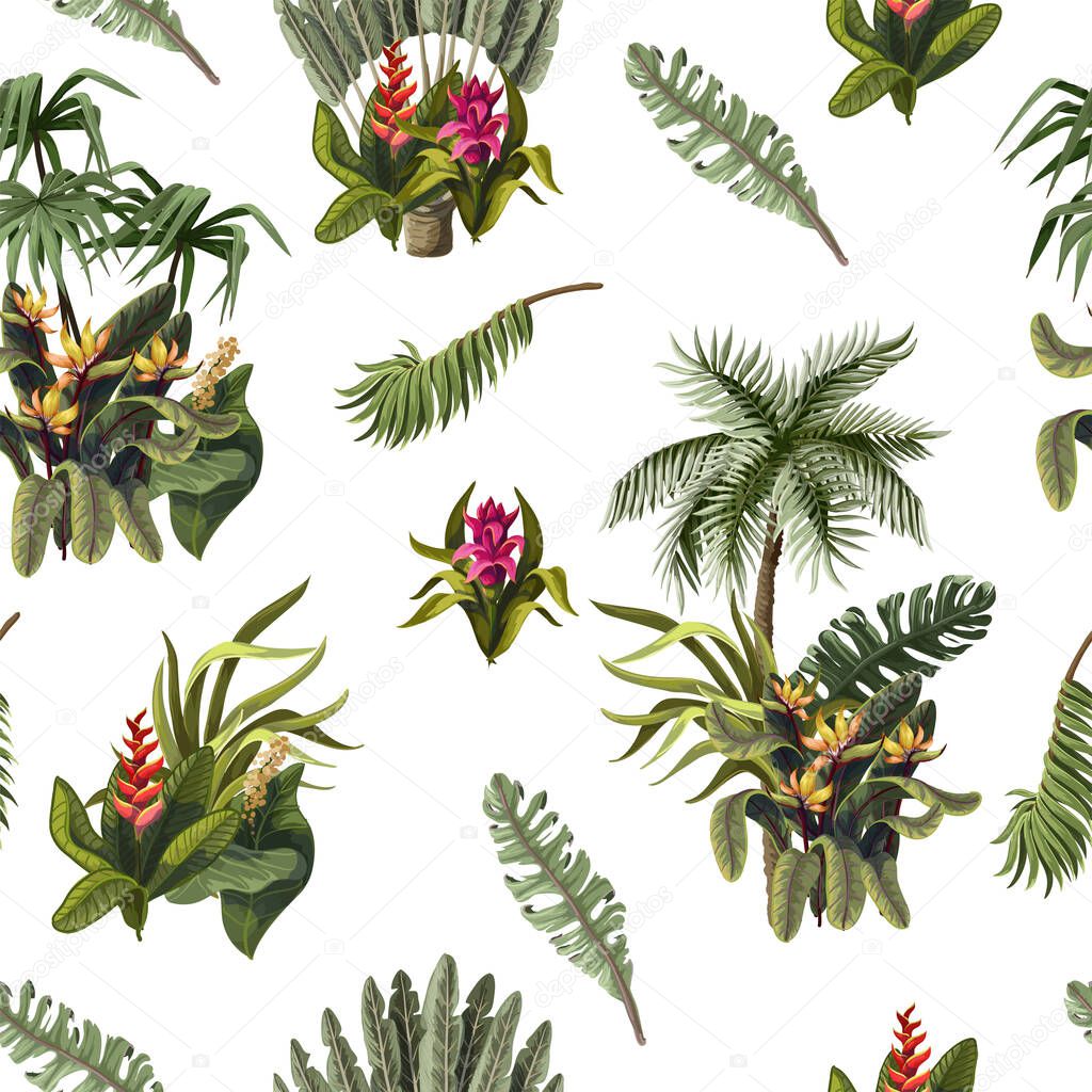 Seamless pattern with jungle trees and flowers. Vector.