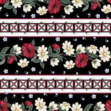 Çiçeklerle süslenmiş kusursuz çiçek deseni. Vektör.