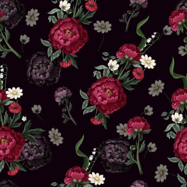 Burgundy şakayıklarla kusursuz desen. Vektör.