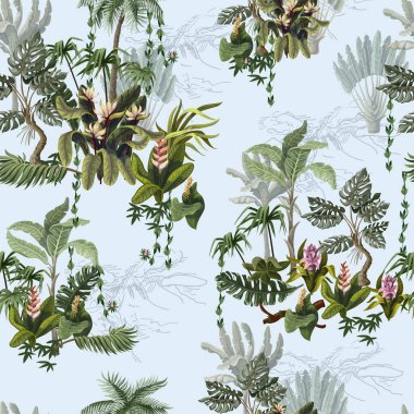 Orman ağaçları ve çiçeklerle kusursuz desen. Vektör.