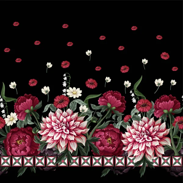 Seamless pattern with dahlia, peonies, wild flowers and geometrical elements. Vector. — Stock Vector