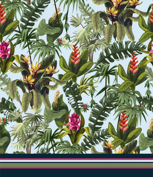 ジャングルの木々や花とシームレスなパターン。ベクトル. — ストックベクタ