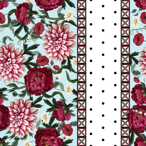 Seamless pattern with dahlia, peonies, wild flowers and geometrical elements. Vector. — Stock Vector