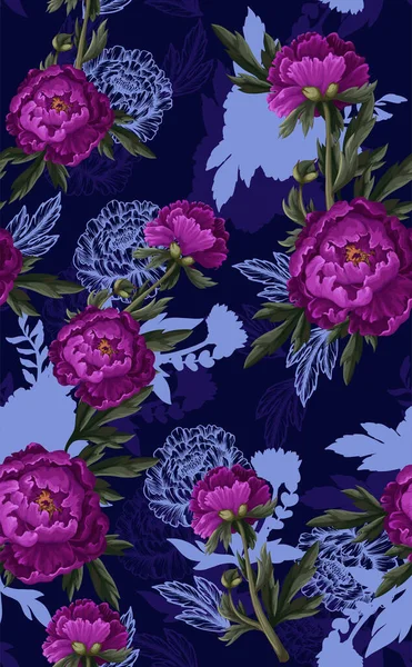 Seamless pattern with burgundy peonies. Vector. — Stock Vector