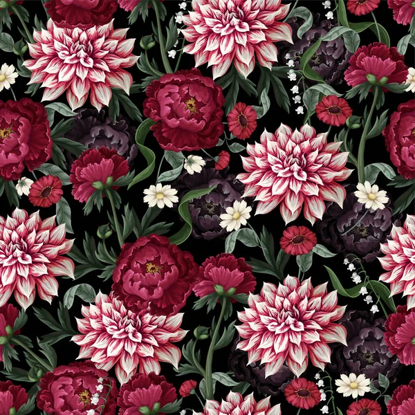 Naadloos patroon met dahlia, pioenrozen en wilde bloemen. Vector. — Stockvector