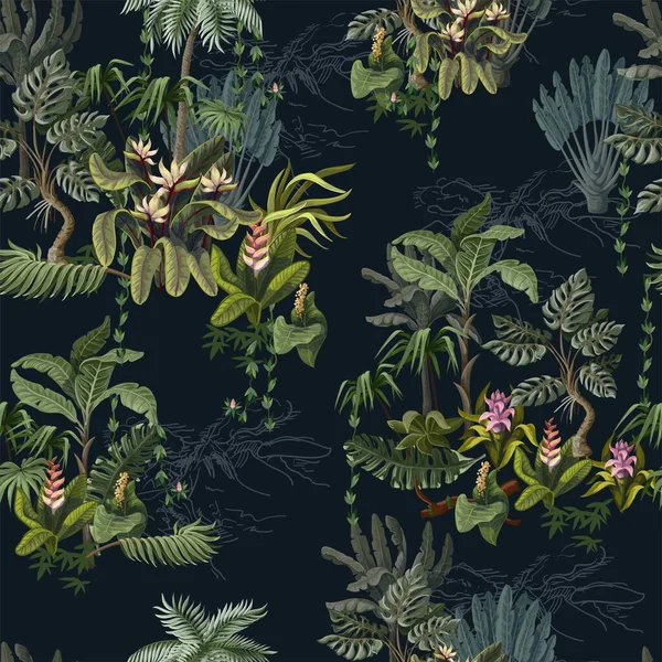 Zökkenőmentes minta dzsungelfákkal és virágokkal. Vektor. — Stock Vector