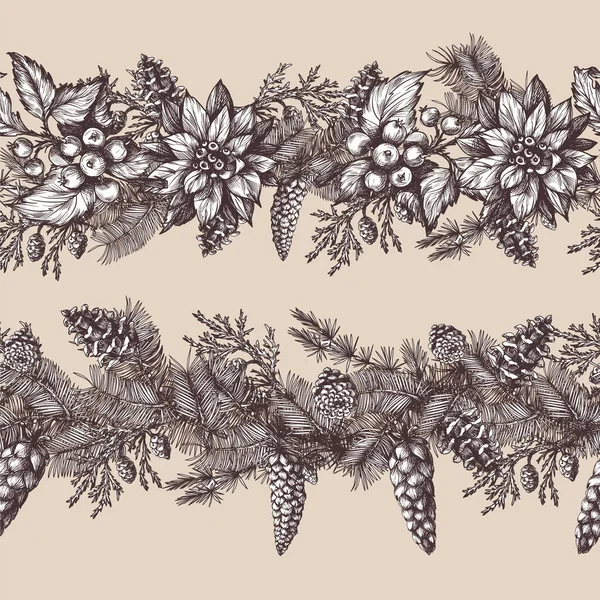 Seamless Christmas pattern with pine, holly berry in graphic style. Vector Graphics