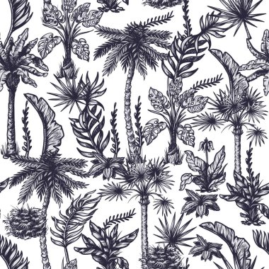 İç tasarım için palmiye, muz, canavar gibi tropikal ağaçlarla kusursuz desen. Vektör