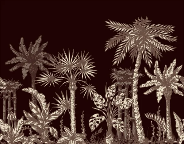 Sömlös gräns med grafiska tropiska träd som palm, banan, monstera för inredning. Vektor — Stock vektor