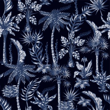 İç tasarım için palmiye, muz, canavar gibi tropikal ağaçlarla kusursuz desen. Vektör