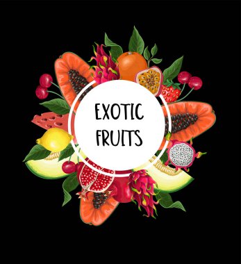 Egzotik meyve pankartı izole edilmiş. Portakal, papaya, ejderha meyvesi. Karpuz, çilek ve diğerleri.