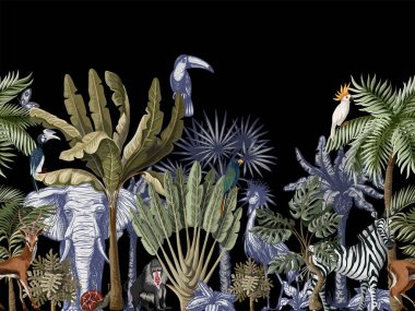 Tropikal ağaçlarla ve hayvanlarla grafik tarzında bir sınır. Vektör.