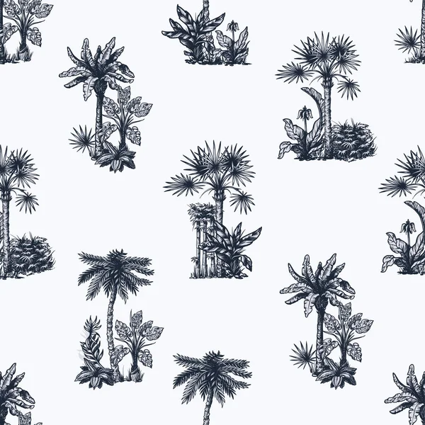 Patrón sin costuras con árboles tropicales gráficos como palmera, plátano, monstera para el diseño de interiores. Vector — Vector de stock