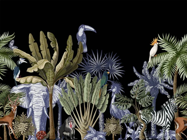 Fronteira com árvores tropicais e animais em estilo gráfico. Vetor . —  Vetores de Stock