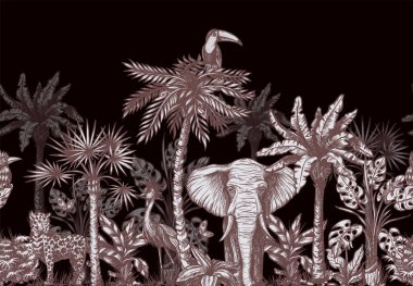 Palmiye, muz ve orman hayvanları gibi tropikal ağaçlarla kusursuz bir sınır. Vektör.