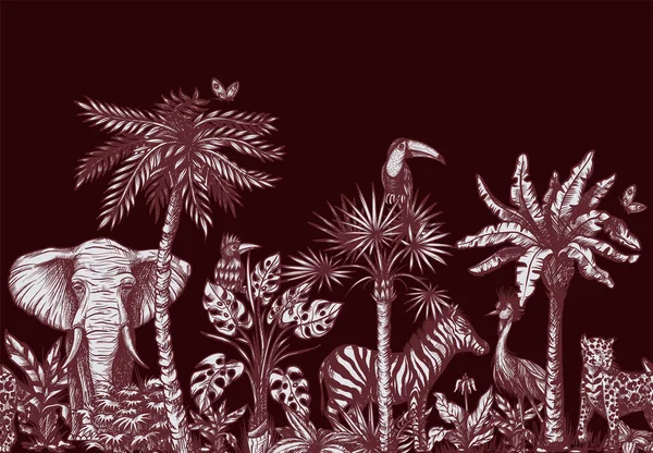 Bordure sans couture avec arbre tropical graphique comme les palmiers, les bananes et les animaux de la jungle. Vecteur . — Image vectorielle
