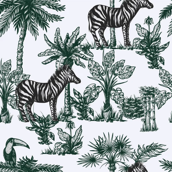 Seamless pattern with graphic tropical treees and jungle animals. Vector. — Stock Vector