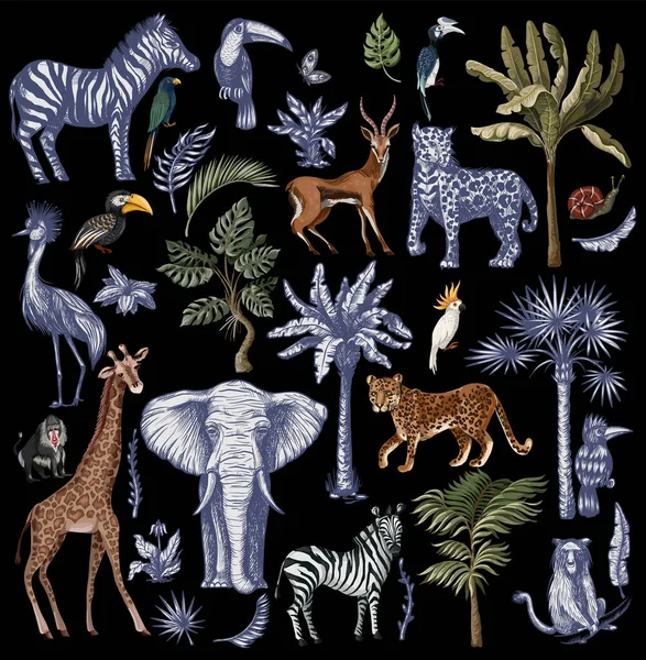 Gran conjunto con animales de la selva en estilo gráfico aislado. Vector . — Archivo Imágenes Vectoriales