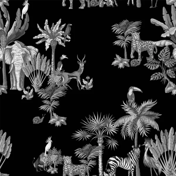 Απρόσκοπτη μοτίβο με τροπικά δέντρα και ζώα σε γραφικό στυλ μαύρο και άσπρο. Διάνυσμα. — Διανυσματικό Αρχείο