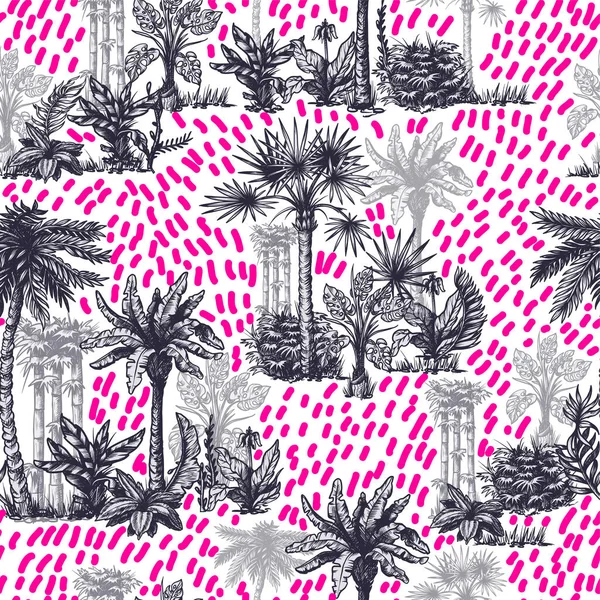 Bezešvé vzory s grafickými tropickými stromy, jako jsou palmy, banány, monstera pro design interiéru. Vektor — Stockový vektor
