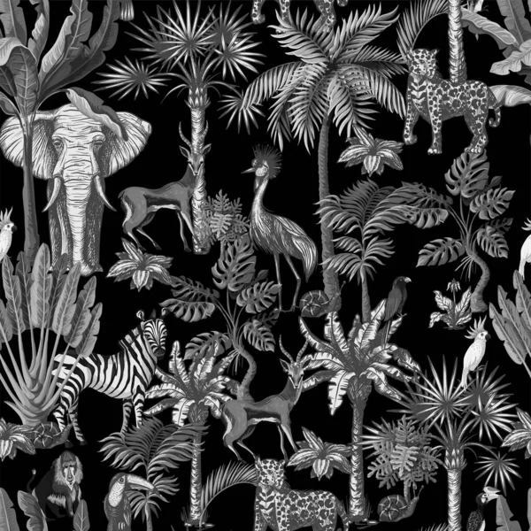 Nahtloses Muster mit tropischen Bäumen und Tieren im grafischen Stil schwarz-weiß. Vektor. — Stockvektor