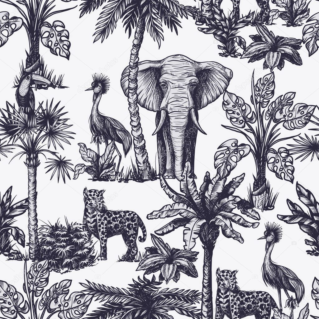 Seamless pattern with graphic tropical treees and jungle animals. Vector.