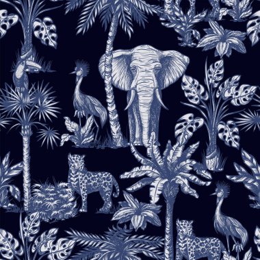 Grafik tropikal ağaçlar ve orman hayvanlarıyla kusursuz desen. Vektör.