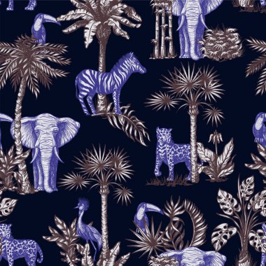 Grafik tropikal ağaçlar ve orman hayvanlarıyla kusursuz desen. Vektör.