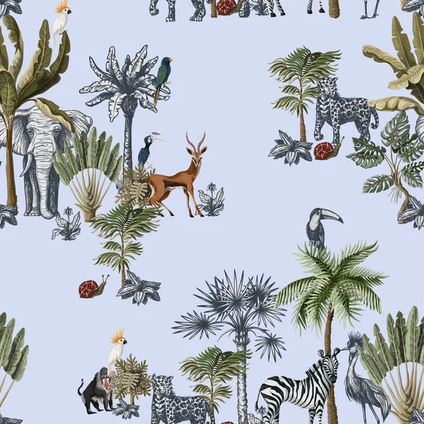 Modello senza cuciture con alberi tropicali e animali in stile grafico. Vettore . — Vettoriale Stock