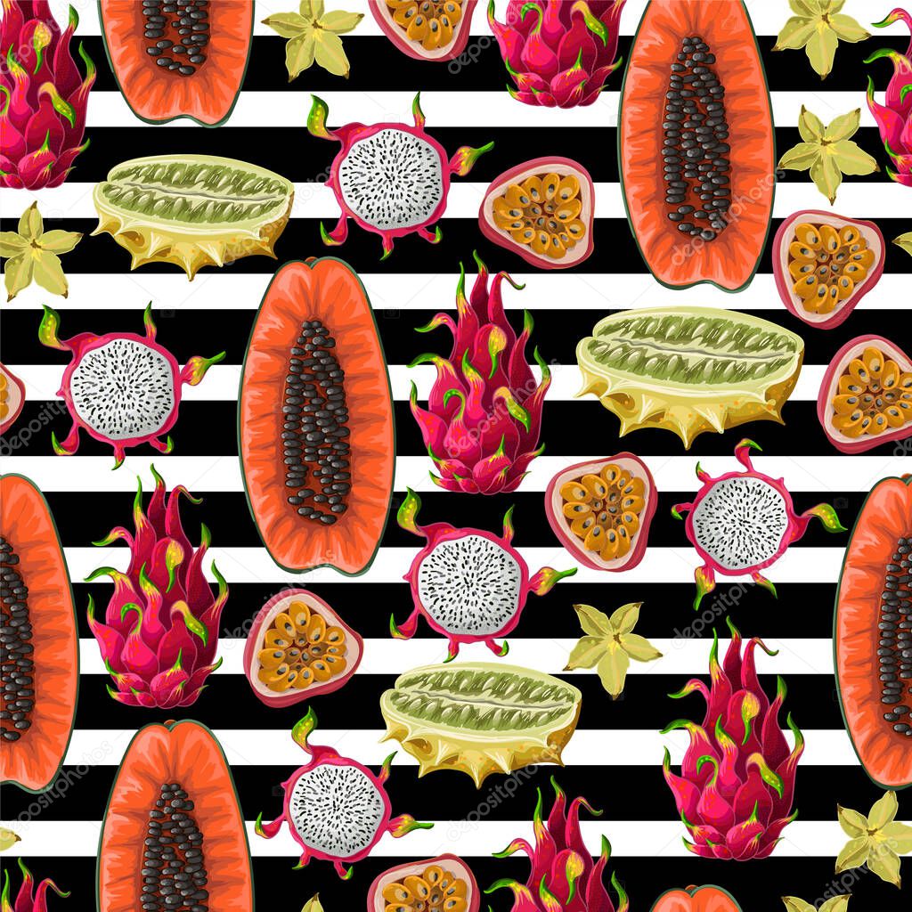 Seamless pattern with exotic fruits. Trendy print.