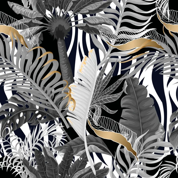 Motif de peau de zèbre sans couture avec des feuilles tropicales. Vecteur . — Image vectorielle