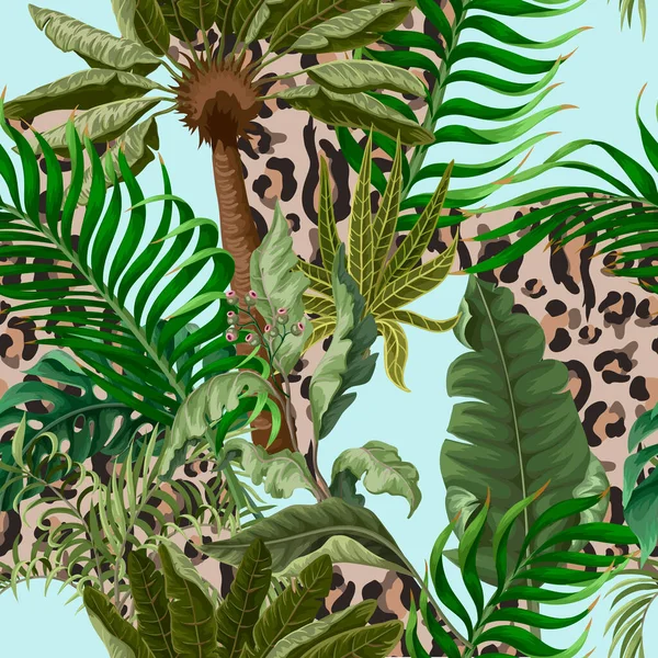 Seamless leopard skin pattern with tropical leaves. Vector. — 스톡 벡터