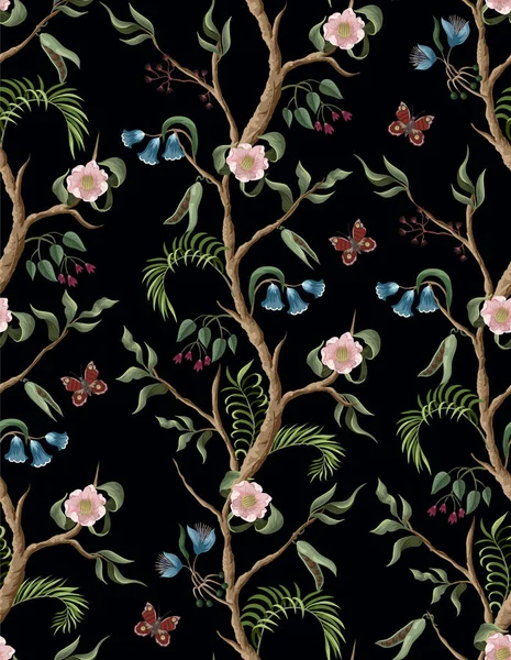 Patrón sin costuras con arbustos peónicos y flores en estilo chinoiserie. Vector . — Vector de stock