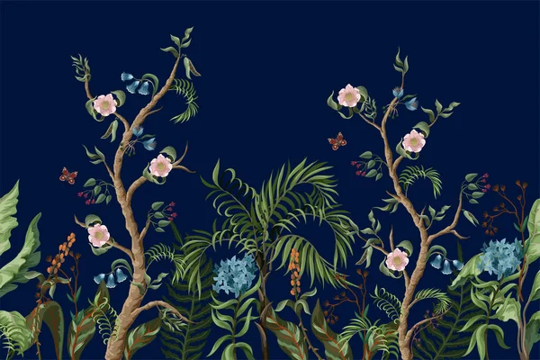 Gräns med pion buskar, palm och blommor i chinoiserie stil. Vektor. — Stock vektor