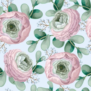 Narin ranunculus, okaliptüs ve kır çiçekleriyle kusursuz desen. Vektör.